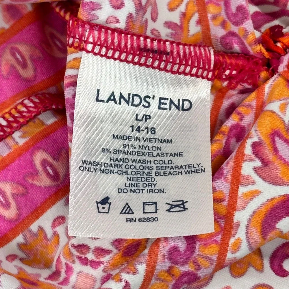 Lands End Womens L Petite Pink Orange Floral Rash Guard Swim Tunic Quarter Zip